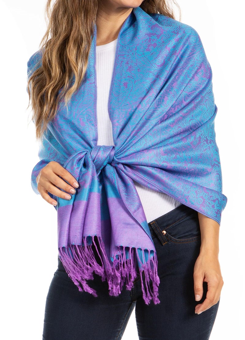 Sakkas Two Tone Vintage Jacquard Paisley Pashmina Shawl Wrap Scarf Stole - Turquoise/Purple - Image 1